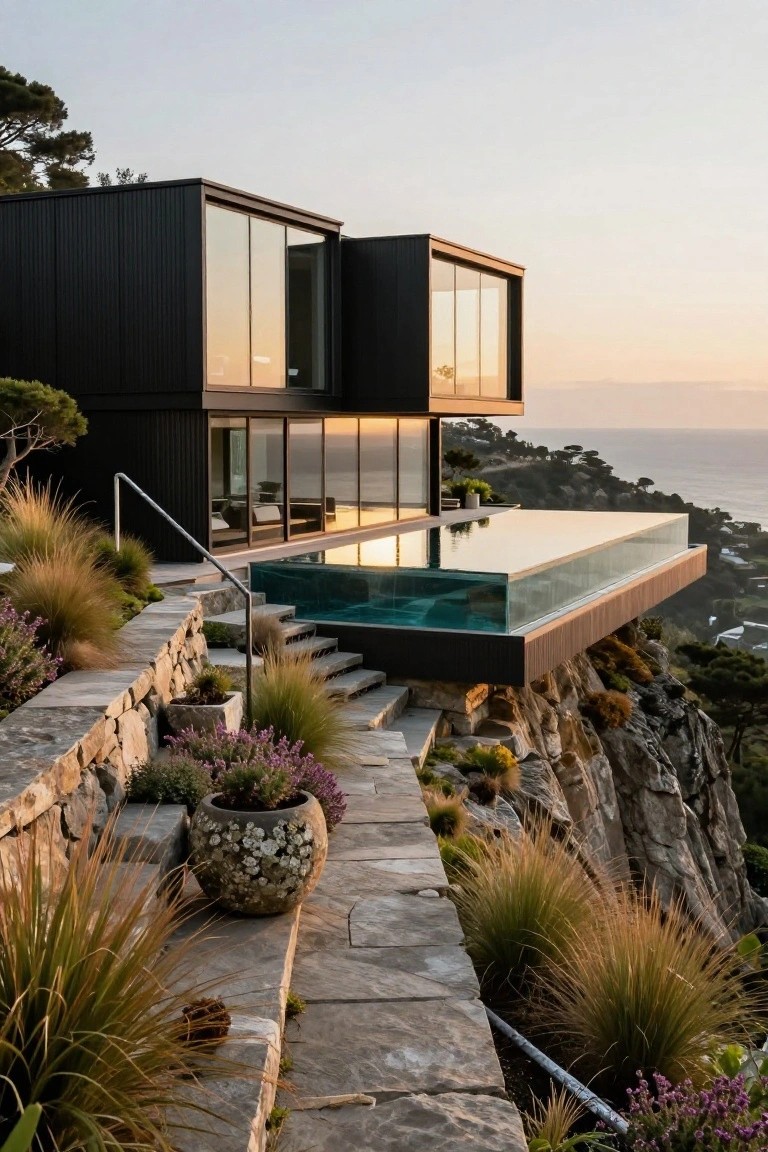 Modern black-clad house on a rocky cliffside with a cantilevered infinity-edge pool overlooking the ocean, stone steps and native grasses leading to it at sunset.