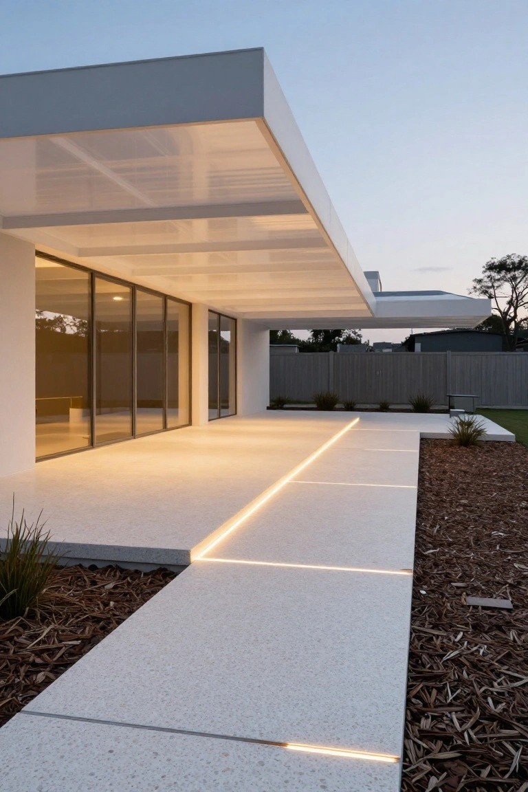 White modern house exterior with cantilevered roof, large tinted glass walls, concrete pathway edged with glowing linear LED lights, mulch beds with grasses, wooden fence, and trees at dusk.