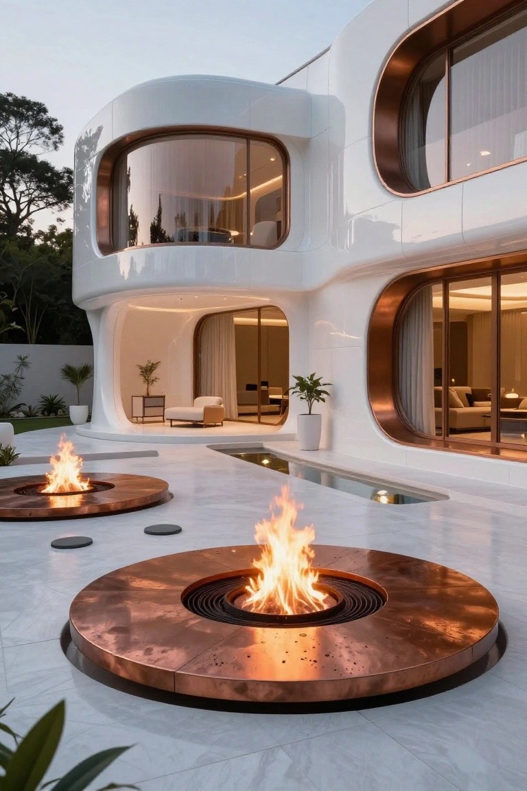 White curved modern house with large oval copper-framed windows opening to a patio featuring two circular copper fire pits with flames, a narrow water channel, potted plants, and lounge seating.