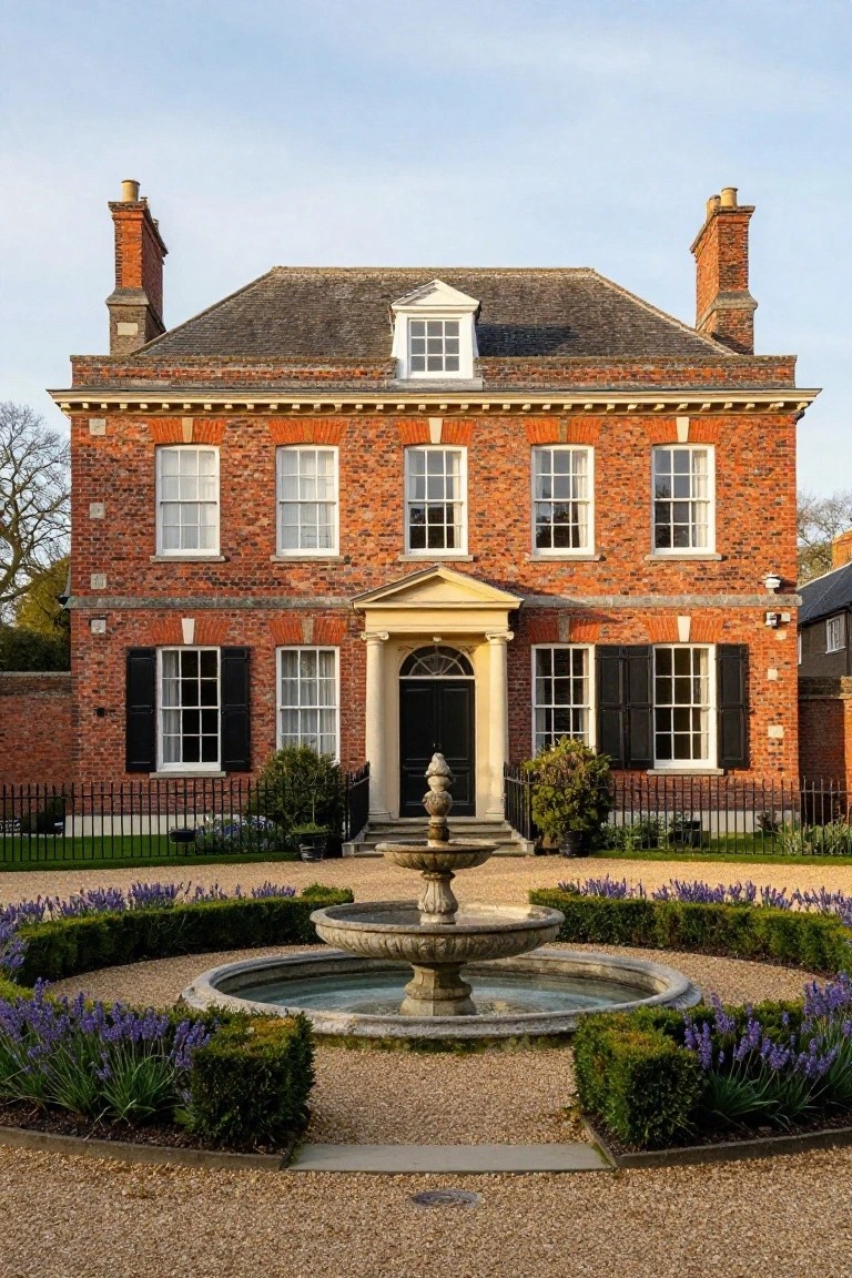 Red brick Georgian mansion with symmetrical white sash windows, black shutters, and central pedimented portico entrance facing a circular gravel driveway centered on a stone fountain surrounded by lavender borders and boxwood hedges.
