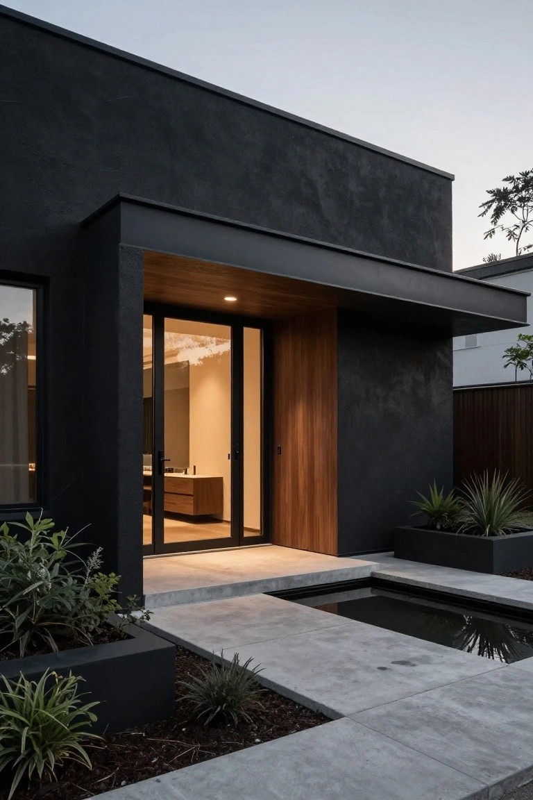 Modern house exterior with textured black stucco walls, vertical wooden entry door, black-framed glass doors and window, concrete pathway with small rectangular reflecting pool, black planters containing agave and other greenery, viewed at dusk with warm entry lighting.