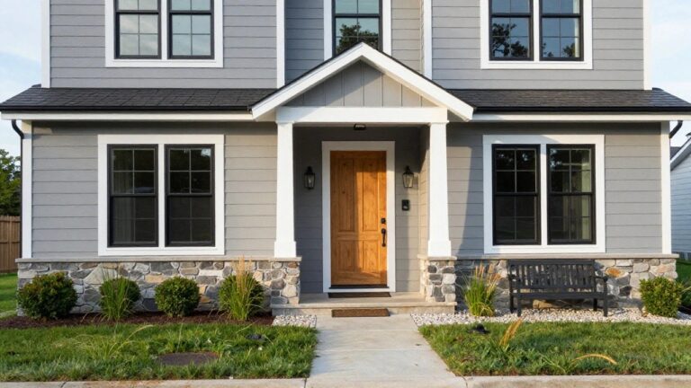 22 Smart Exterior Color Scheme Ideas For A Perfect Palette Gray clapboard house with gabled roof, black-framed windows, wooden front door, stone porch pillars and base, gravel pathway, boxwood shrubs, and ornamental grasses in the front yard.