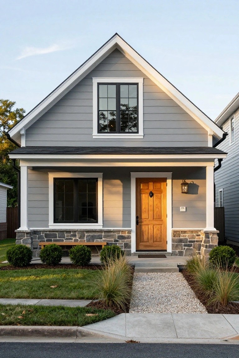 Gray clapboard house with gabled roof, black-framed windows, wooden front door, stone porch pillars and base, gravel pathway, boxwood shrubs, and ornamental grasses in the front yard.