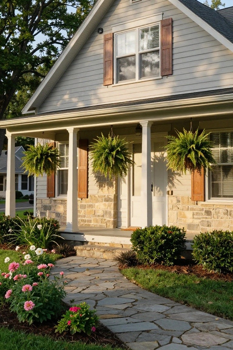 Light gray sided house with beige stone foundation, white-trimmed front porch displaying hanging ferns, wooden shutters, white door, boxwood shrubs, and flagstone walkway edged with pink flowers.