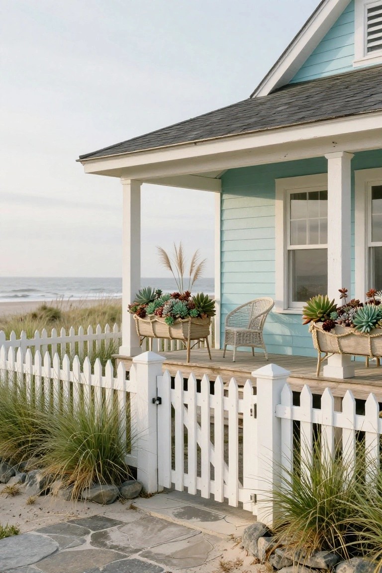 Light blue clapboard beach cottage with white porch columns, picket fence gate, potted succulents and pampas grass, sea grass landscaping, stone path, and ocean dunes in the background.