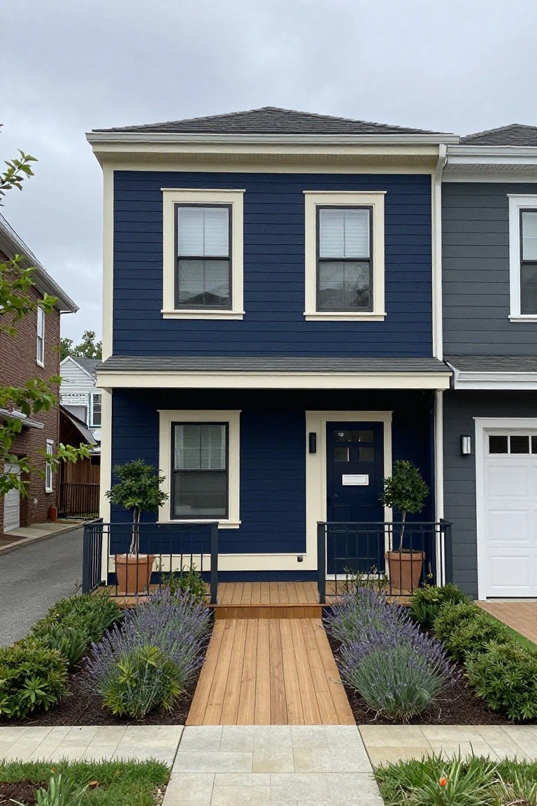 Two-story townhouse with navy blue siding, white trim around windows and porch, dark blue front door, wooden steps to porch, black metal railing, potted plants, lavender and shrub landscaping along stone pathway, and attached gray house next door.