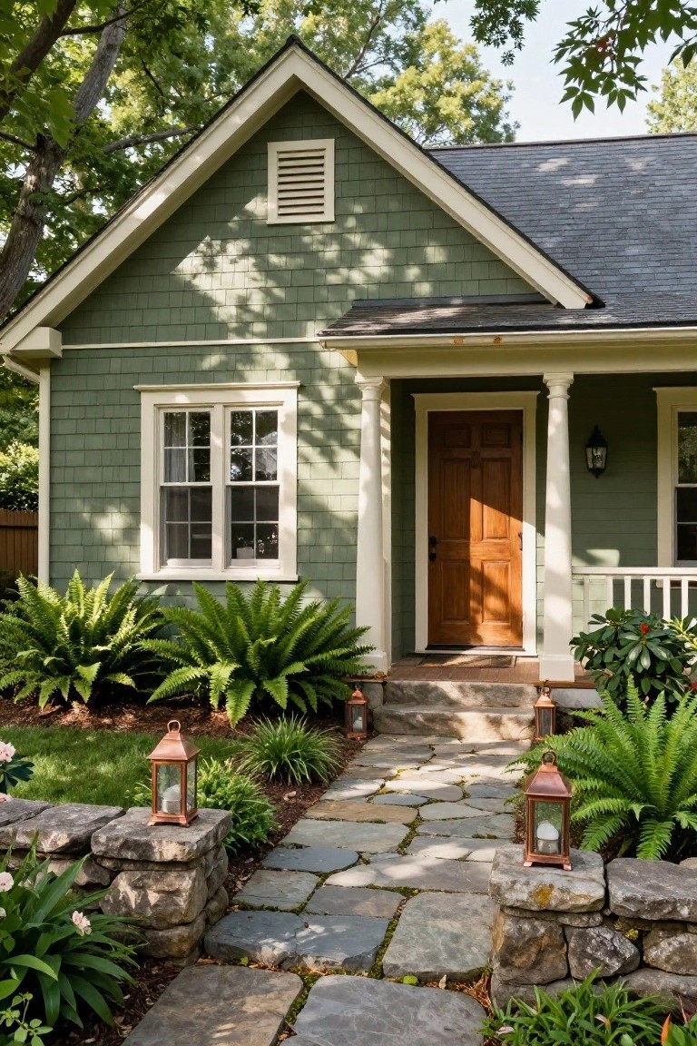 Charming green cottage with wooden door, stone path, and copper lanterns.