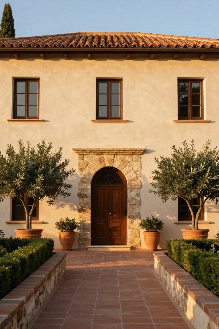 Beige stucco house with terracotta tile roof, stone-arched wooden front door, terracotta-tiled walkway bordered by low hedges and flanked by potted olive trees.