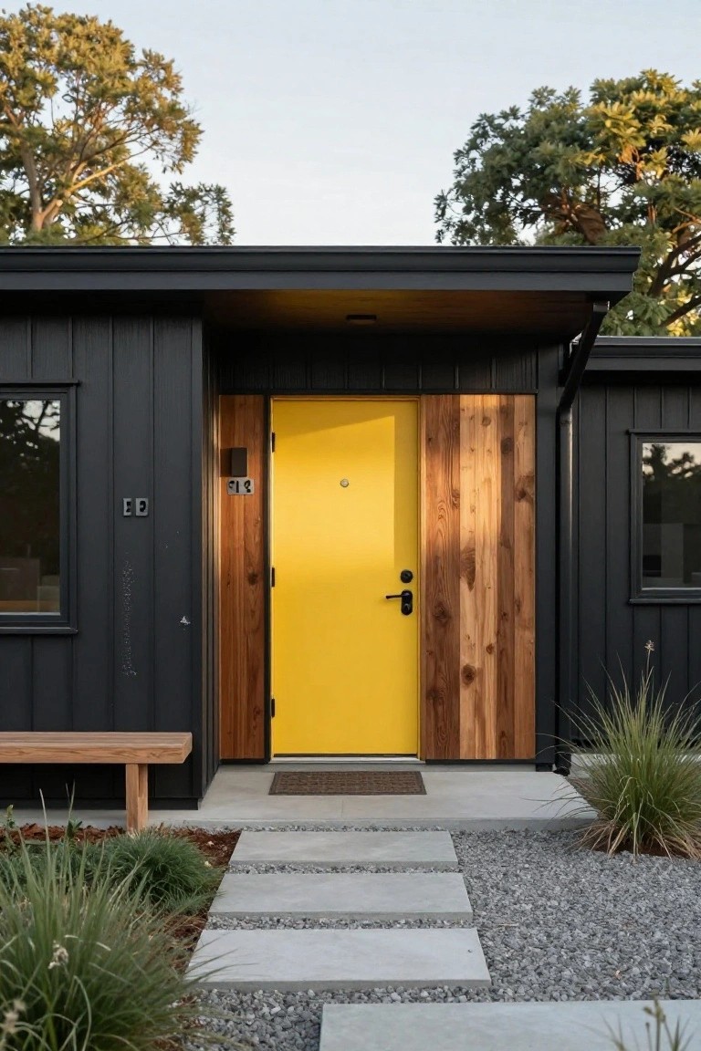Black vertical board-and-batten siding on a modern house with a bright yellow front door framed by vertical wood planks, a wooden bench to the side, concrete paver path, gravel mulch, ornamental grasses, and trees in the background.