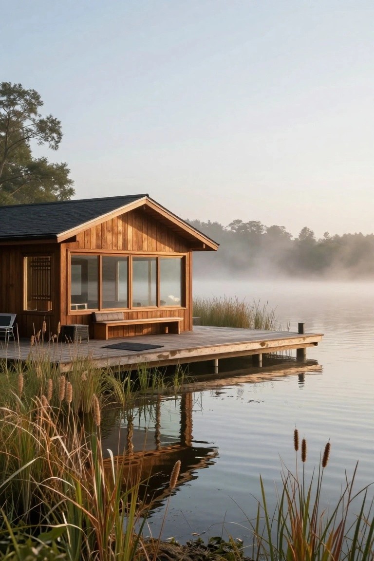 Wooden cabin with large triple windows and dark shingled roof built on a pier extending over a misty lake edged with tall reeds and distant trees.