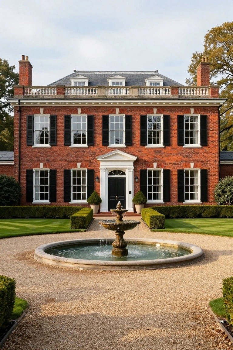 Grand brick mansion with fountain, gravel courtyard, and black shutters.