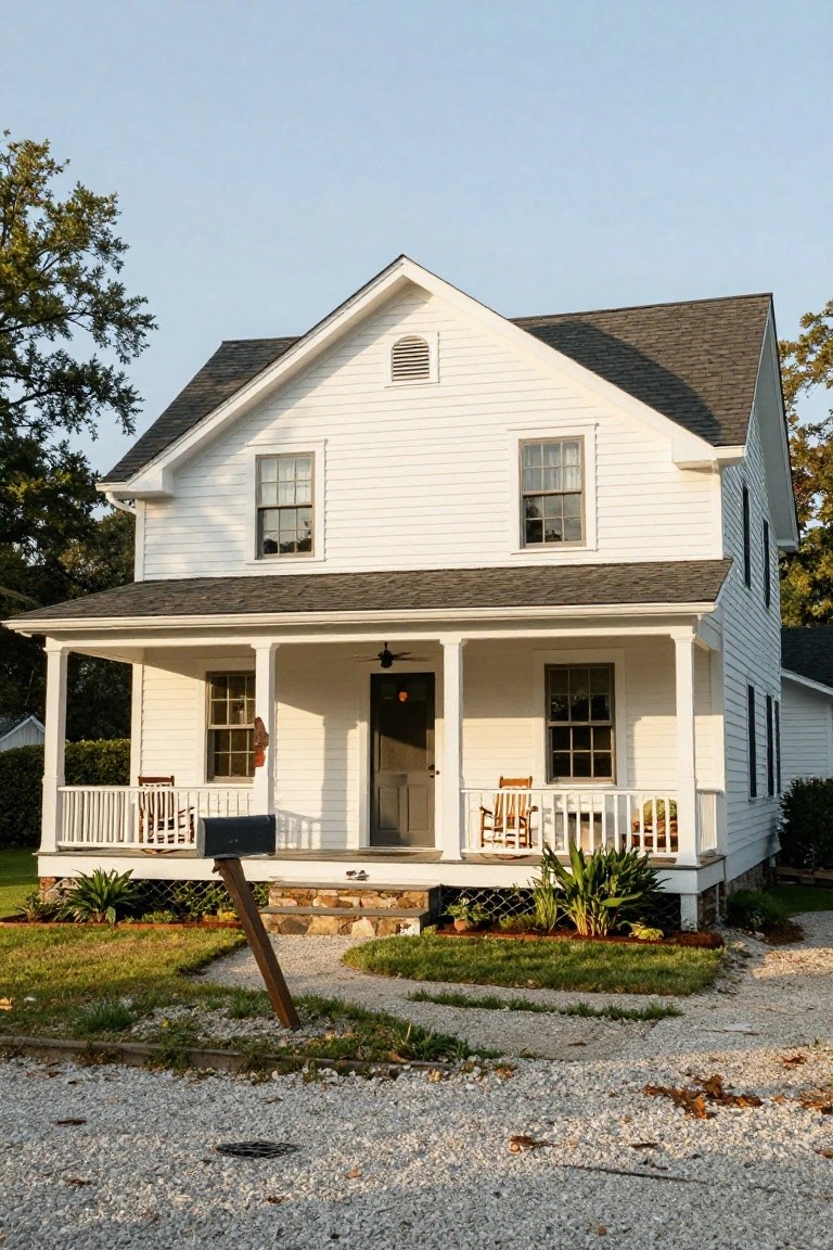 White two-story clapboard house with dark gabled roof, full-width covered front porch with white columns and railing, two rocking chairs, potted plants, mailbox on post, gravel driveway, and landscaped yard with trees.
