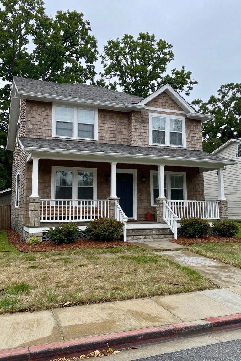 Two-story house with cedar shingle siding, gray roof, covered front porch supported by white columns on stone bases, blue front door, white railing with bench swing, shrubs, mulch beds, and patchy lawn next to sidewalk under cloudy sky.