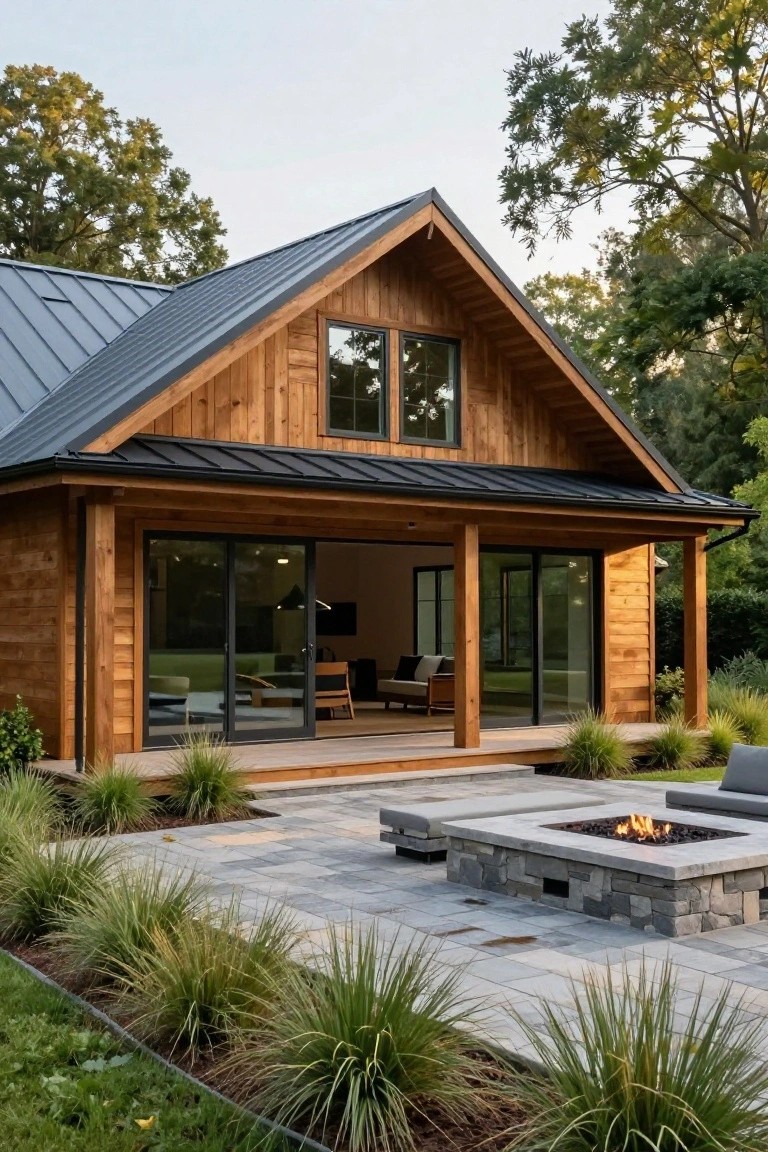 Wooden house with dark metal gable roof, board-and-batten siding, large sliding glass doors on a deck overlooking a stone fire pit on paver patio edged by ornamental grasses and trees.