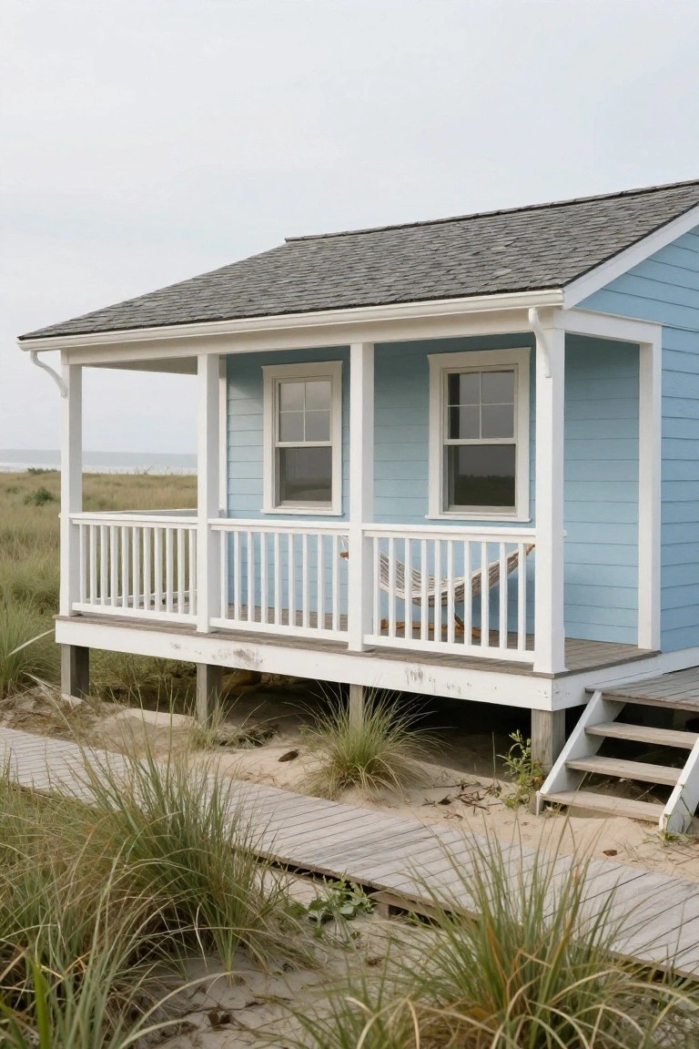 Light blue clapboard beach cottage elevated on wooden pilings with wraparound porch, white railing, hammock, double-hung windows, gray shingle roof, boardwalk path through sand dunes, and ocean visible in background.