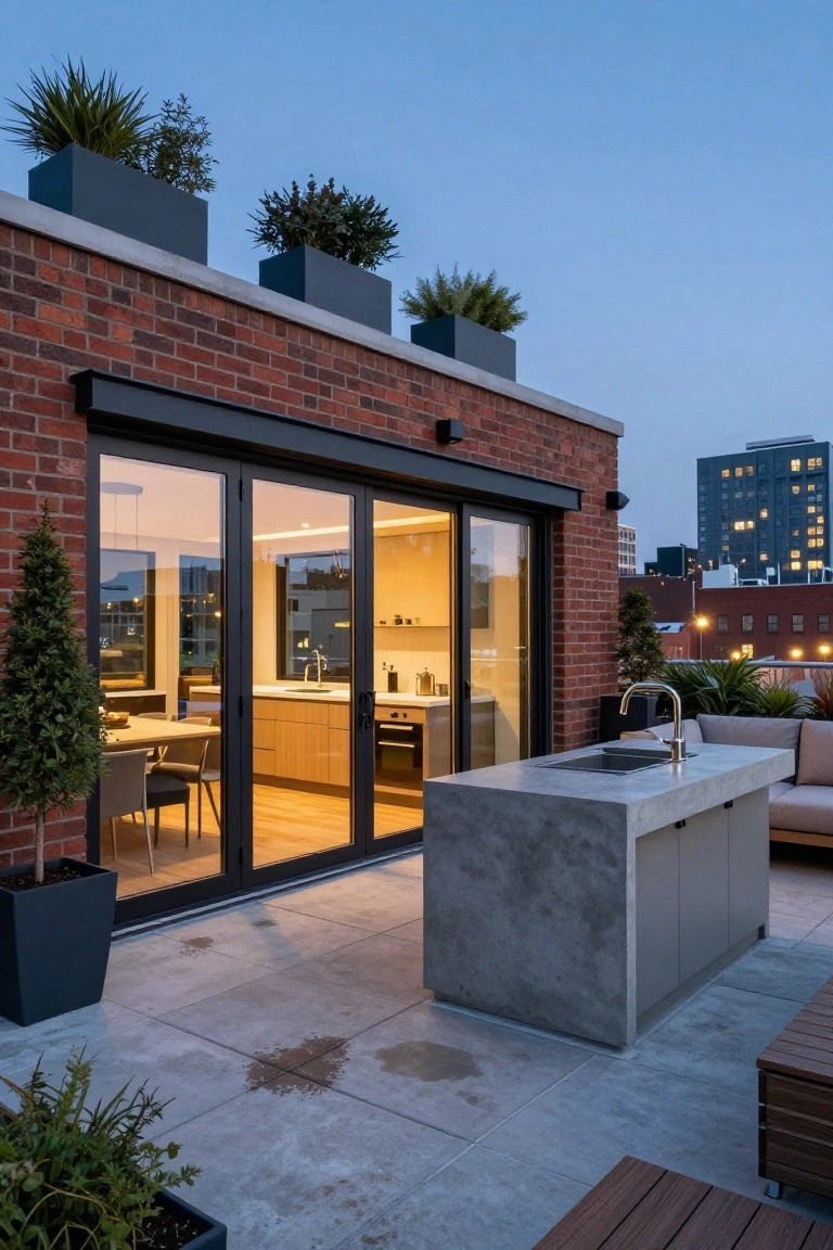 Rooftop terrace with gray concrete outdoor kitchen counter and sink next to indoor kitchen seen through open glass sliding doors, brick walls, potted plants, and lounge seating at dusk.