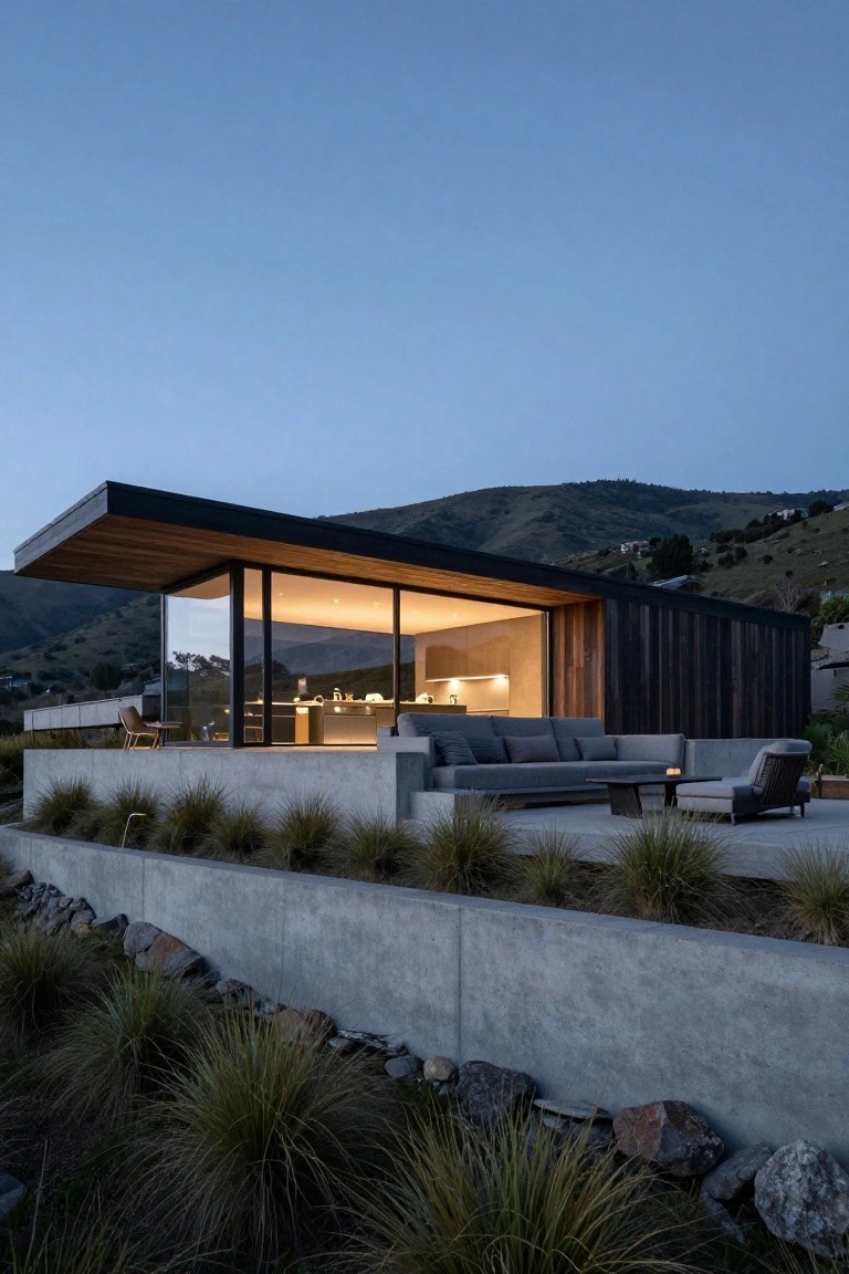 Modern house with black wood siding, large corner glass wall, and gray concrete terrace with outdoor sofa, chair, grasses, and rocks on a hillside at dusk.