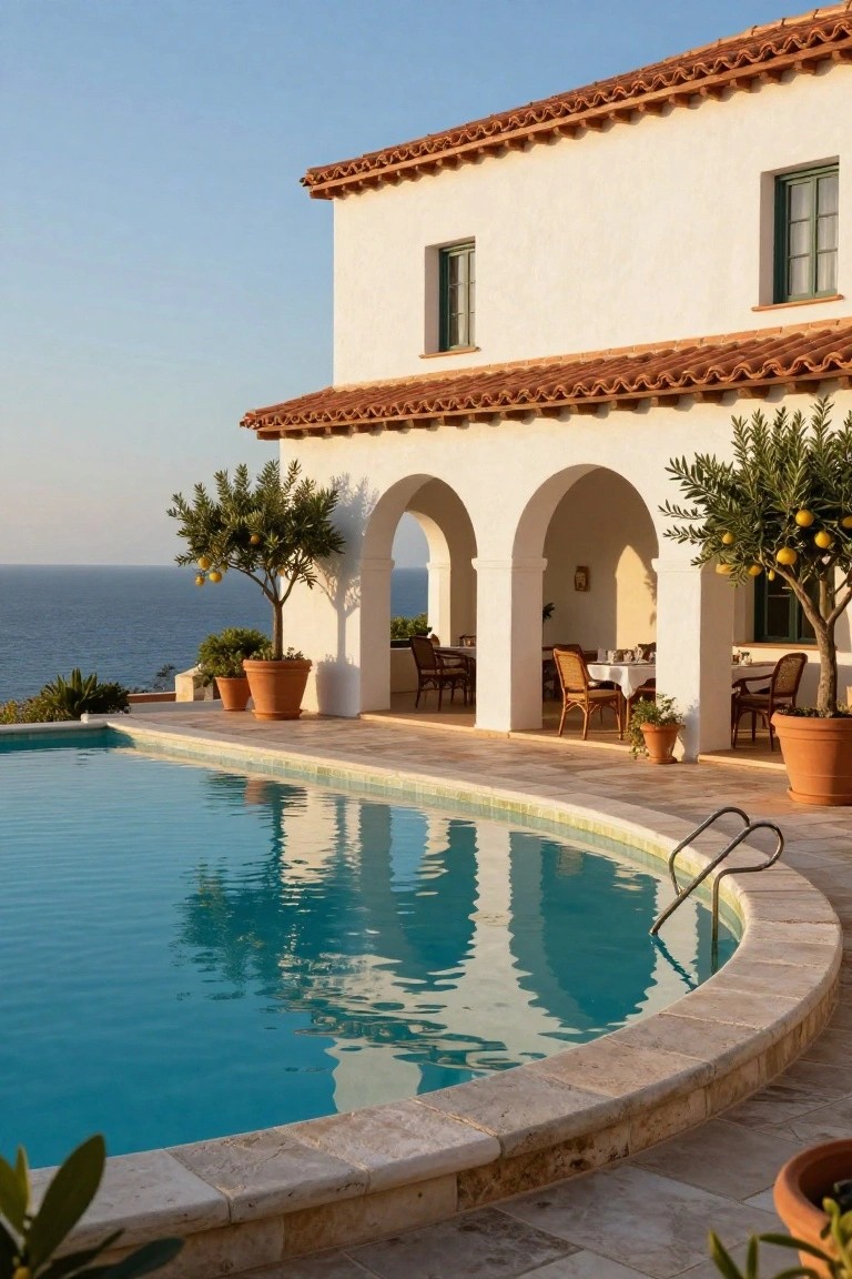 White stucco house with red tile roof and arched loggia, curved infinity-edge pool with ladder, potted olive and lemon trees, outdoor dining table, and ocean view in the background.