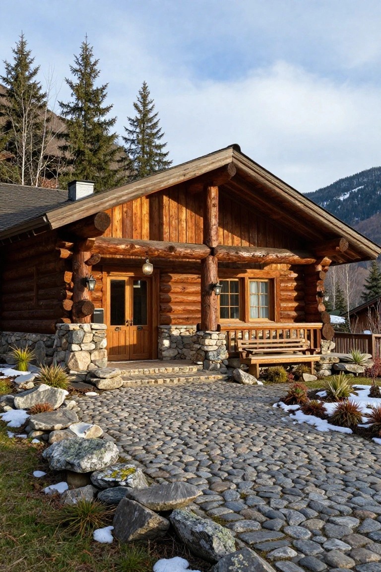 Rustic log cabin with stone foundation, wooden porch, and cobblestone driveway.
