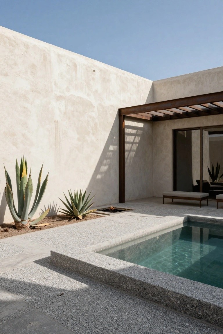 Beige stucco courtyard walls with wooden slatted pergola, agave plants in gravel bed, pebble terrace, small rectangular green pool, cushioned bench, and dark-framed glass doors.