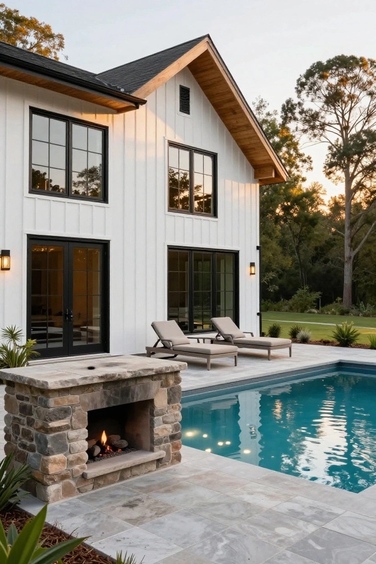 White vertical board-and-batten house with black-framed windows and doors next to a gray tiled patio with a rectangular blue pool, two beige lounge chairs, potted palms, and a stacked stone fire pit with yellow flames beside the pool, set amid trees and low plants.