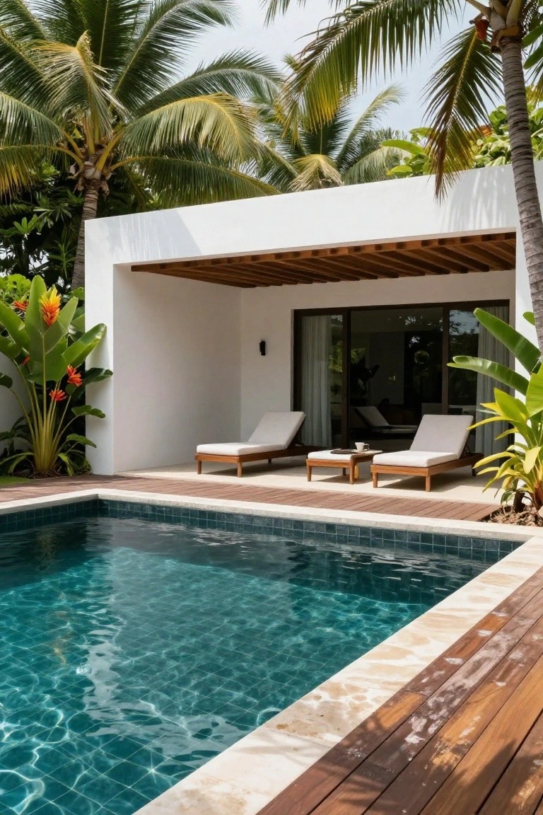 Luxurious poolside patio with two lounge chairs under white modern pavilion.
