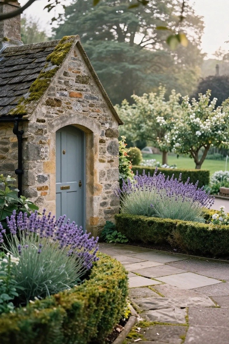 Small stone outbuilding with mossy slate roof, arched blue door, and lavender bushes along the base next to boxwood hedges and a stone pathway in a garden.
