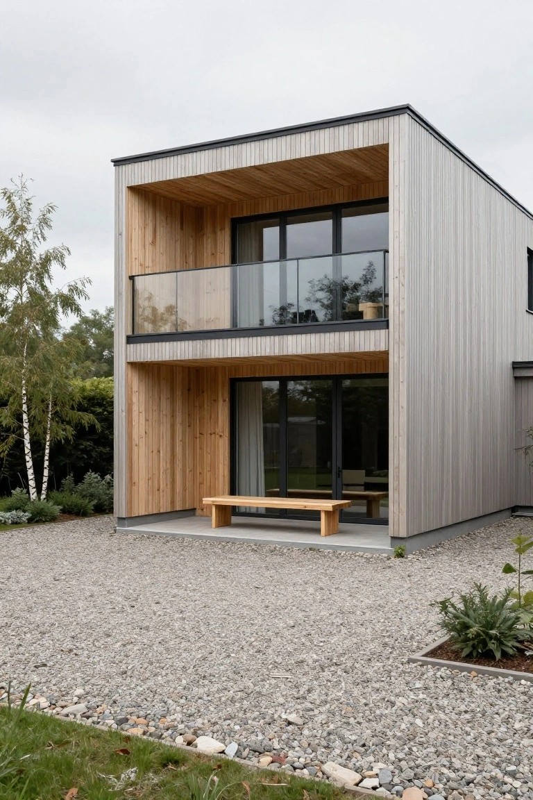 Modern two-story house with light gray vertical wood cladding, warm-toned wood overhangs on balcony and porch, glass balcony railing, large windows, wooden bench on concrete porch, gravel driveway, and birch trees with gravel garden bed.