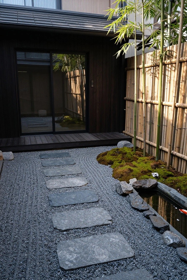 A zen-style gravel courtyard with irregular gray stone stepping slabs set in raked gray gravel, moss patches, rocks, a small rectangular koi pond, bamboo plants and fencing, and a dark wood house facade with sliding glass doors and a wooden deck.