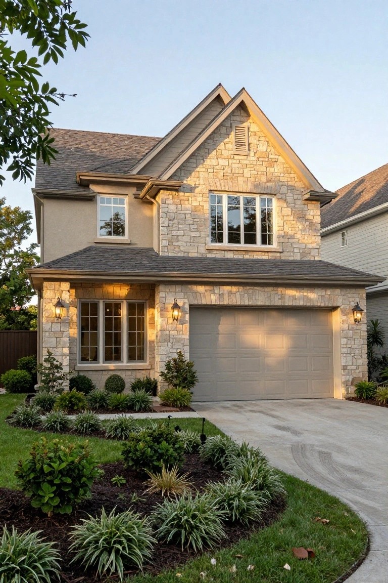 Two-story house with beige stucco siding and light stone accents on gables, garage surround, and entry, gray garage door, concrete driveway, and front yard landscaping with shrubs and grasses.