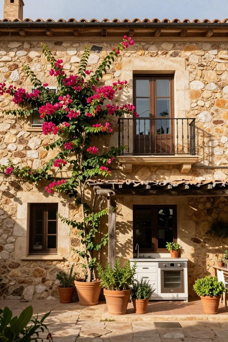 Rustic stone house wall partially covered in pink bougainvillea vines, with a balcony above an outdoor kitchen setup and potted plants on a tiled patio.