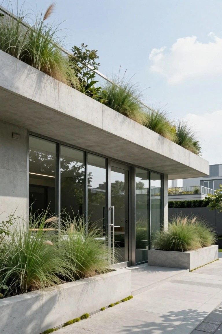 Concrete modern building entrance with large glass doors and windows flanked by tall ornamental grasses in matching concrete planters, green roof planting above, and paved walkway in front.