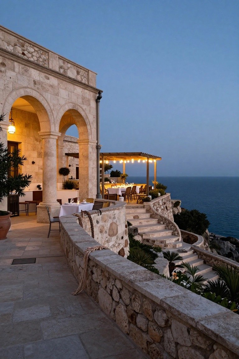 Stone house exterior with arches and columns on a terrace overlooking the ocean, featuring a pergola-covered dining table setup, stone steps descending a sloped cliffside at dusk.