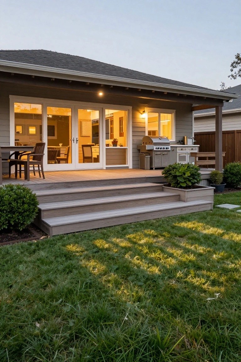 Rear exterior of a gray shingled house at dusk with lighted white-framed sliding glass doors, wooden deck holding table, chairs, gas grill, and steps descending to lawn edged by shrubs and plants.