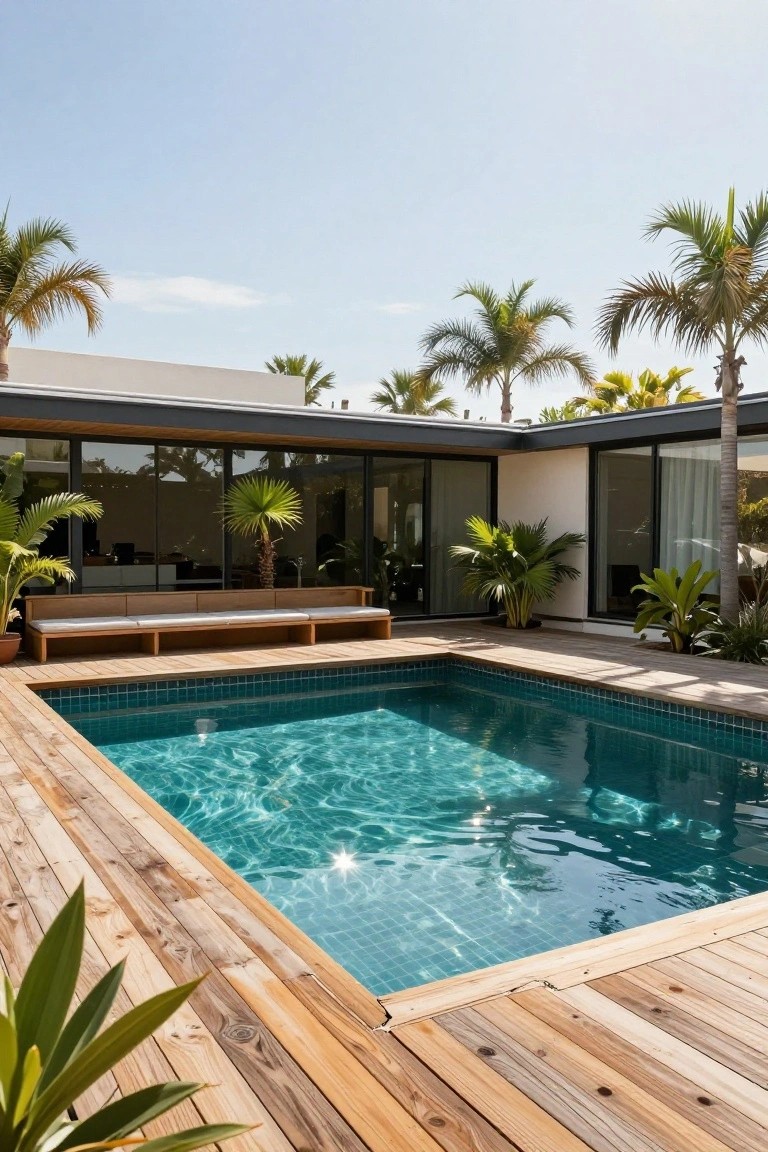White modern house with black trim and large glass windows next to a turquoise tiled pool surrounded by light wooden decking and tropical plants under blue sky.