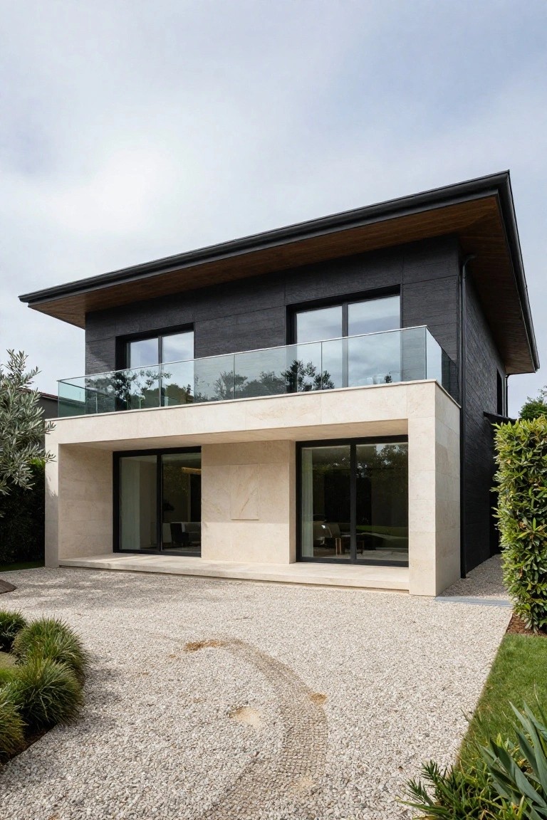 Modern two-story house with dark siding, beige stone, and glass balcony.