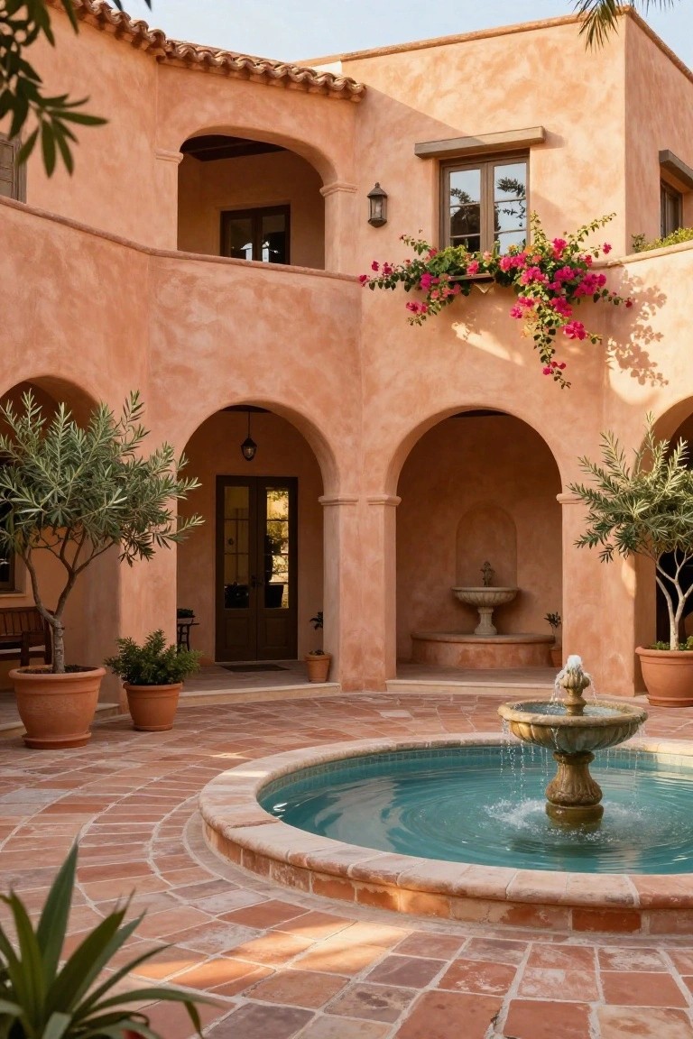 Mediterranean courtyard with terracotta fountain, arches, and pink bougainvillea.