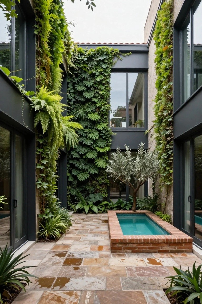 Lush courtyard with ivy walls, brick pool, and stone pathway.