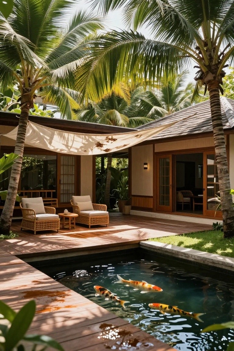 Wooden deck surrounding a rectangular koi pond with orange and white koi fish, adjacent to a tropical villa with palm trees, rattan chairs, and open wooden doors.
