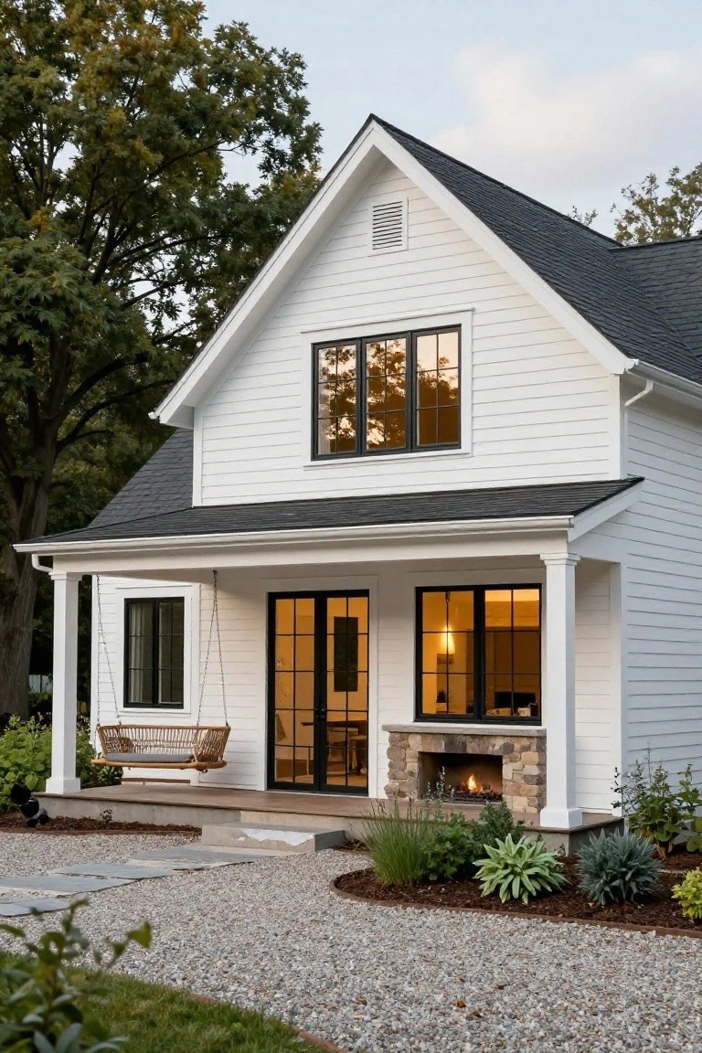 White clapboard house with black-framed windows and doors, covered front porch with hanging wicker swing, stone outdoor fireplace, gravel pathway, and low plantings beside trees.
