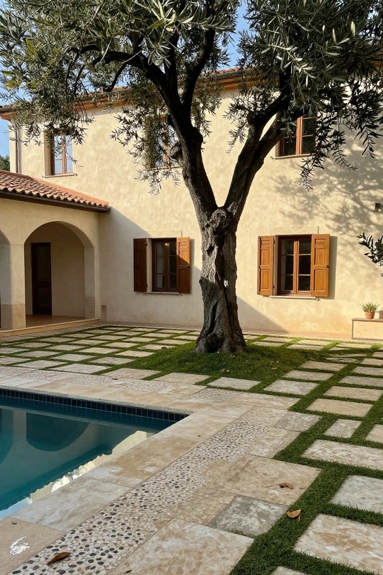 Beige stucco house with terracotta roof, wooden shutters, and large olive tree beside a rectangular pool edged in black tiles, surrounded by large stone pavers with grass strips in between on a sunny day.