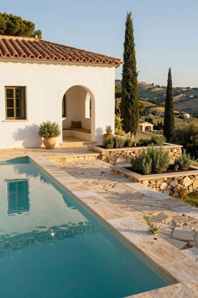 White stucco villa with terracotta tile roof and arched entry beside a rectangular turquoise pool on a flagstone terrace edged by stone retaining walls planted with rosemary and lavender, tall cypress trees, and olive trees on a hillside.