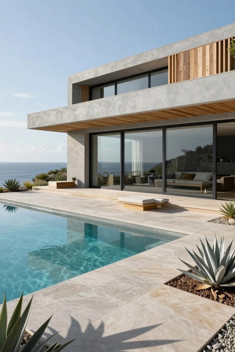 Contemporary gray concrete villa with wood overhang and large glass doors opening to a rectangular infinity-edge pool on a light stone deck edged by agave plants and overlooking the ocean.
