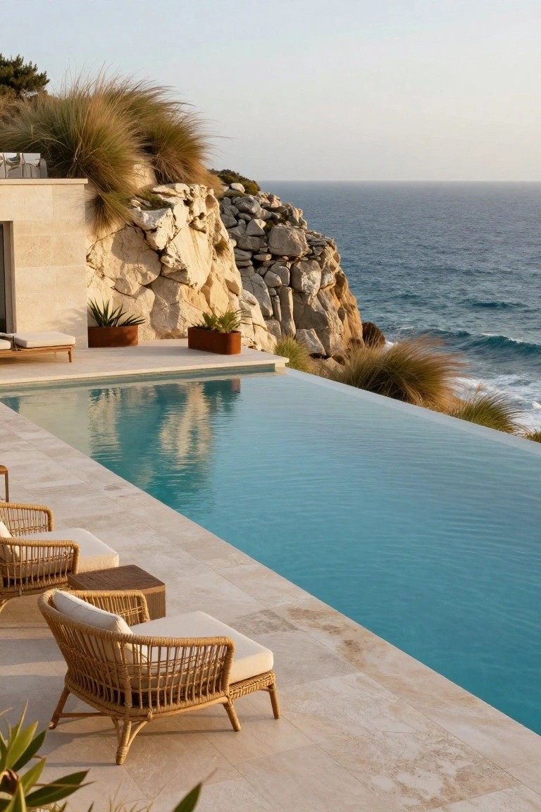 Light stone terrace with turquoise infinity-edge pool at rocky cliff overlooking ocean, rattan lounge chairs, potted plants, and grasses.