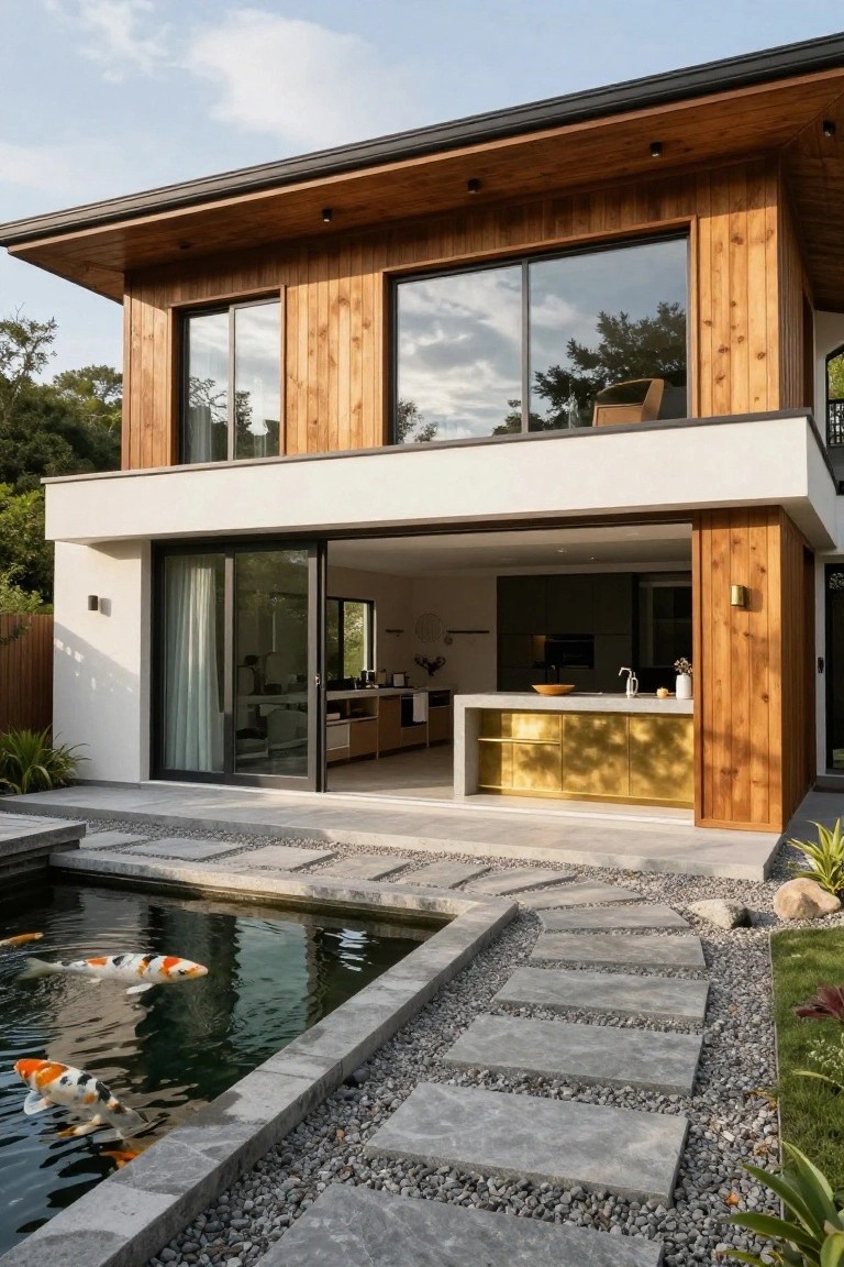 Modern wooden house with open kitchen, koi pond, and stone path.