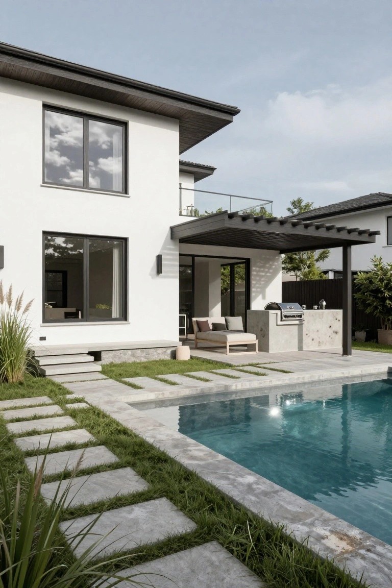White contemporary house exterior with black-framed windows and doors, black pergola covering concrete outdoor kitchen with grill and lounge seating, stone pathways through grass leading to rectangular turquoise pool.