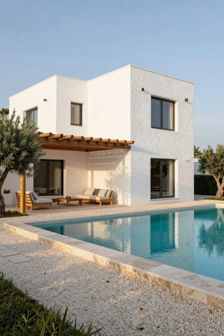 Modern white villa with pool, wooden pergola, and lounge area.