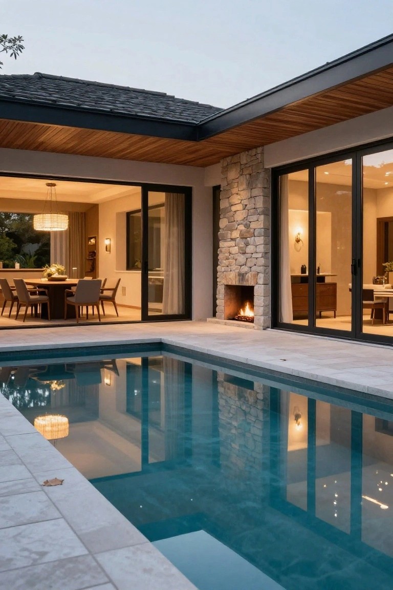 Contemporary house corner with pool extending along two sides, large open glass doors revealing dining table inside, stone wall with fireplace, wooden ceiling beams, and lit pool water on stone deck at dusk.