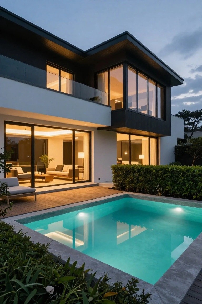 Modern house exterior at dusk featuring large glass sliding doors from a living room to a wooden deck adjacent to a lit infinity-edge pool edged by hedges and stone.