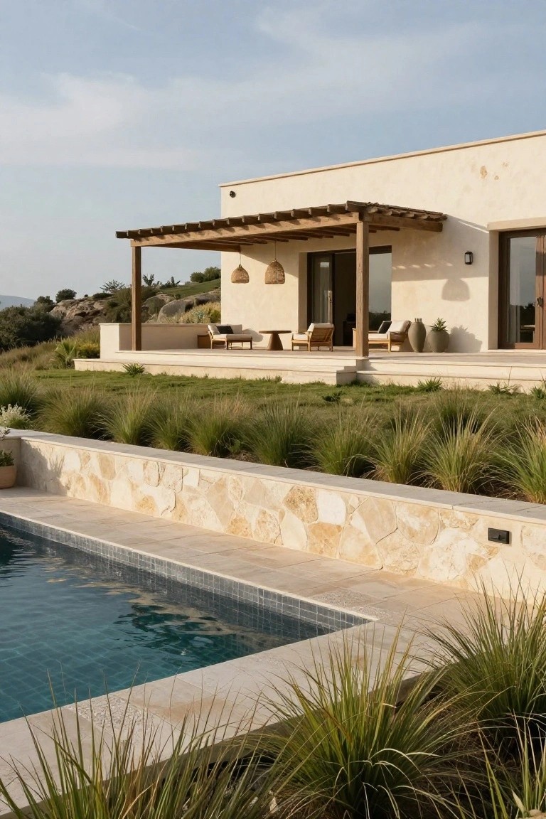 Beige stucco villa with wooden pergola terrace overlooking a rectangular blue-tiled pool bordered by a low stone wall and tall ornamental grasses on a hillside.